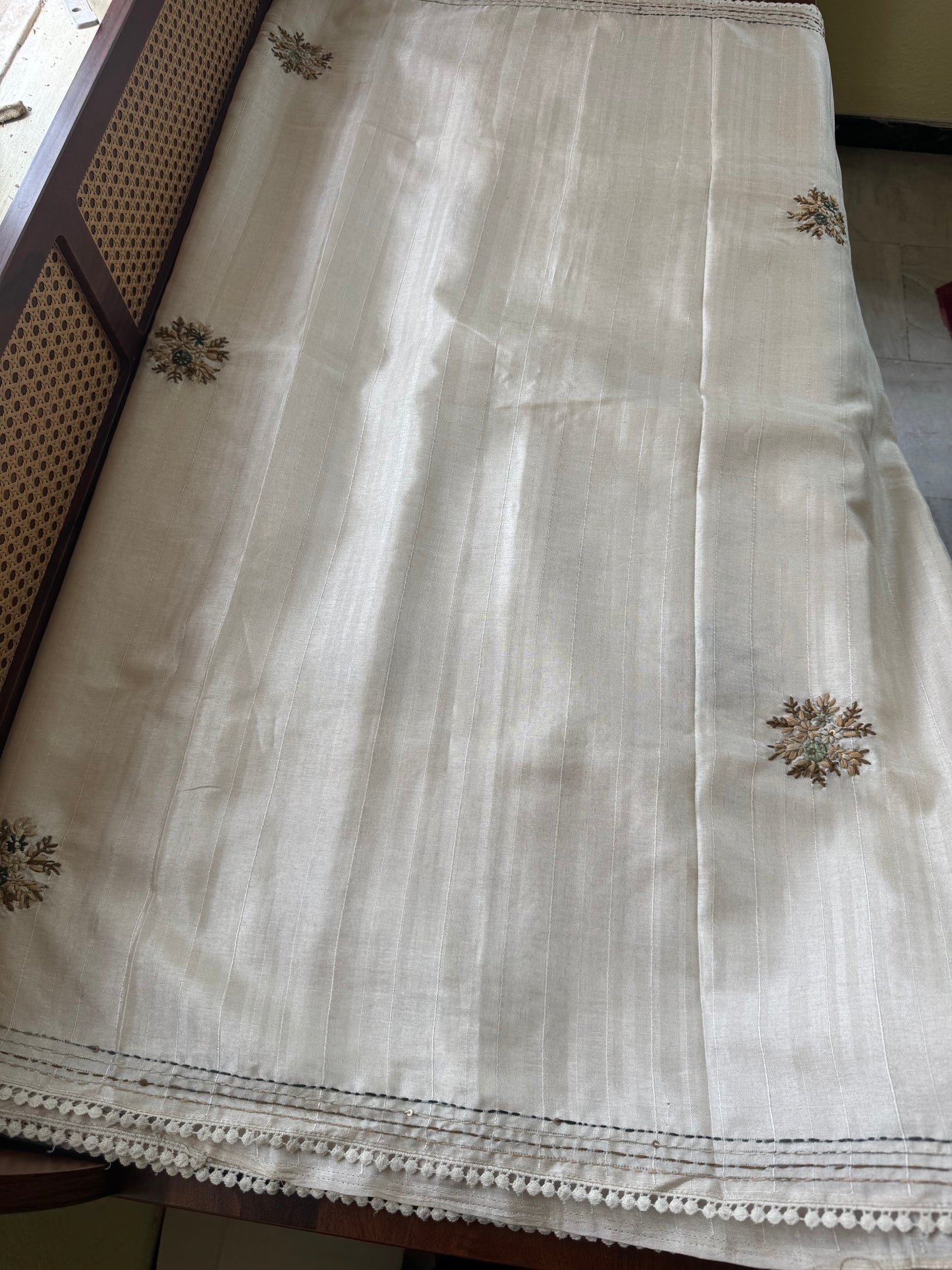 Premium Tussar Blend Saree with Handwork - Halfwhite & Green