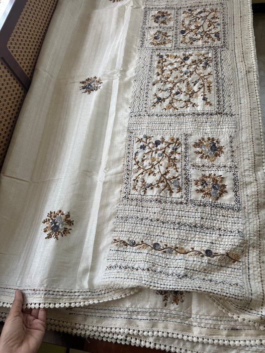 Premium Tussar Blend Saree with Handwork - Halfwhite & Grey