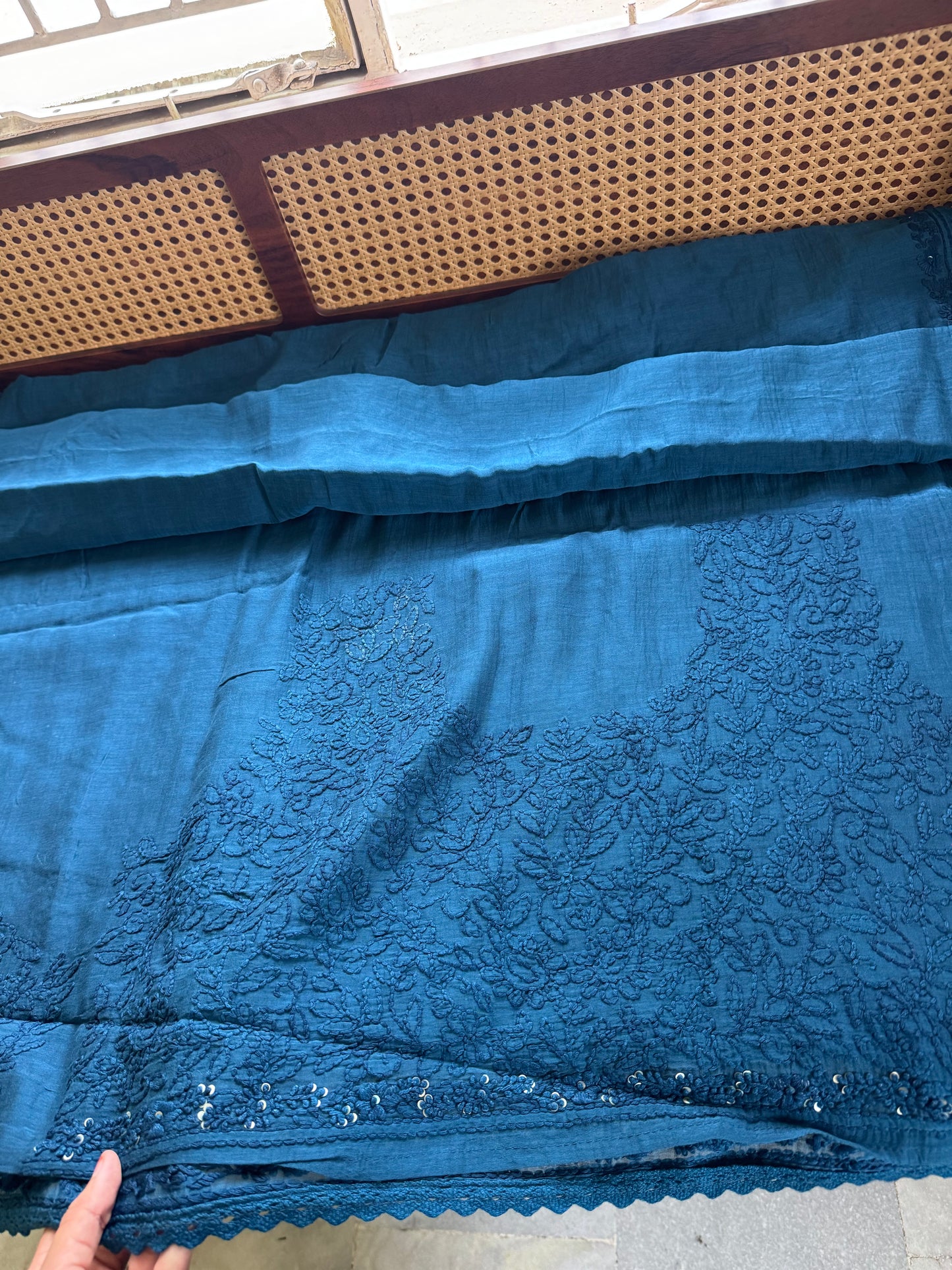 Pure Mul Chanderi Chikankari Saree with Jaal Heavy Blouse - Peacock Blue