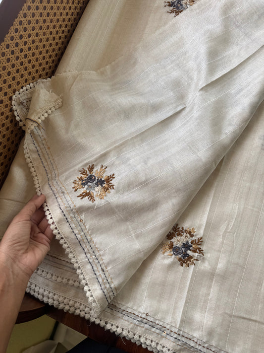 Premium Tussar Blend Saree with Handwork - Halfwhite & Grey