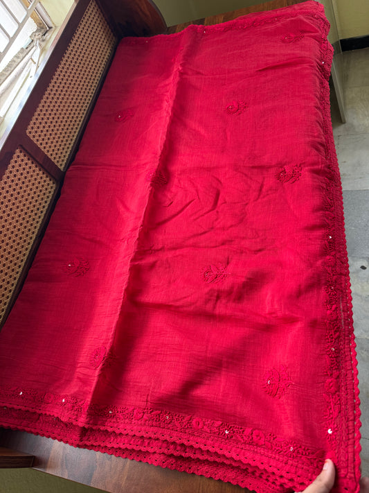 Pure Mul Chanderi Chikankari Saree with Jaal Heavy Blouse - Red