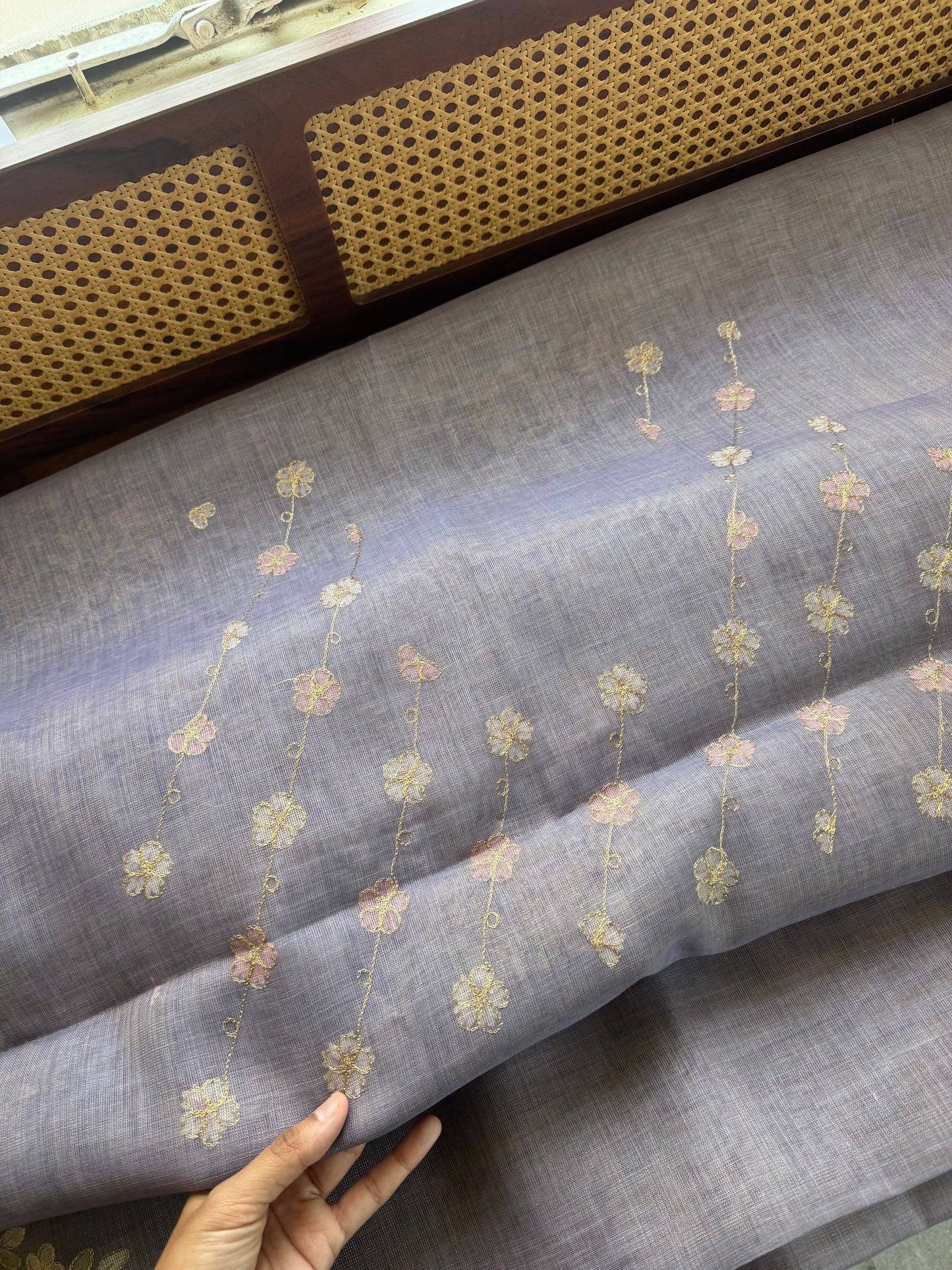Tissue Linen Saree with Aari work - Lavender