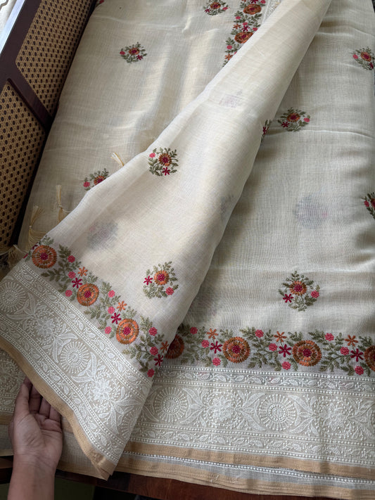 Premium Tissue Linen Sarees - Half White & Marigold