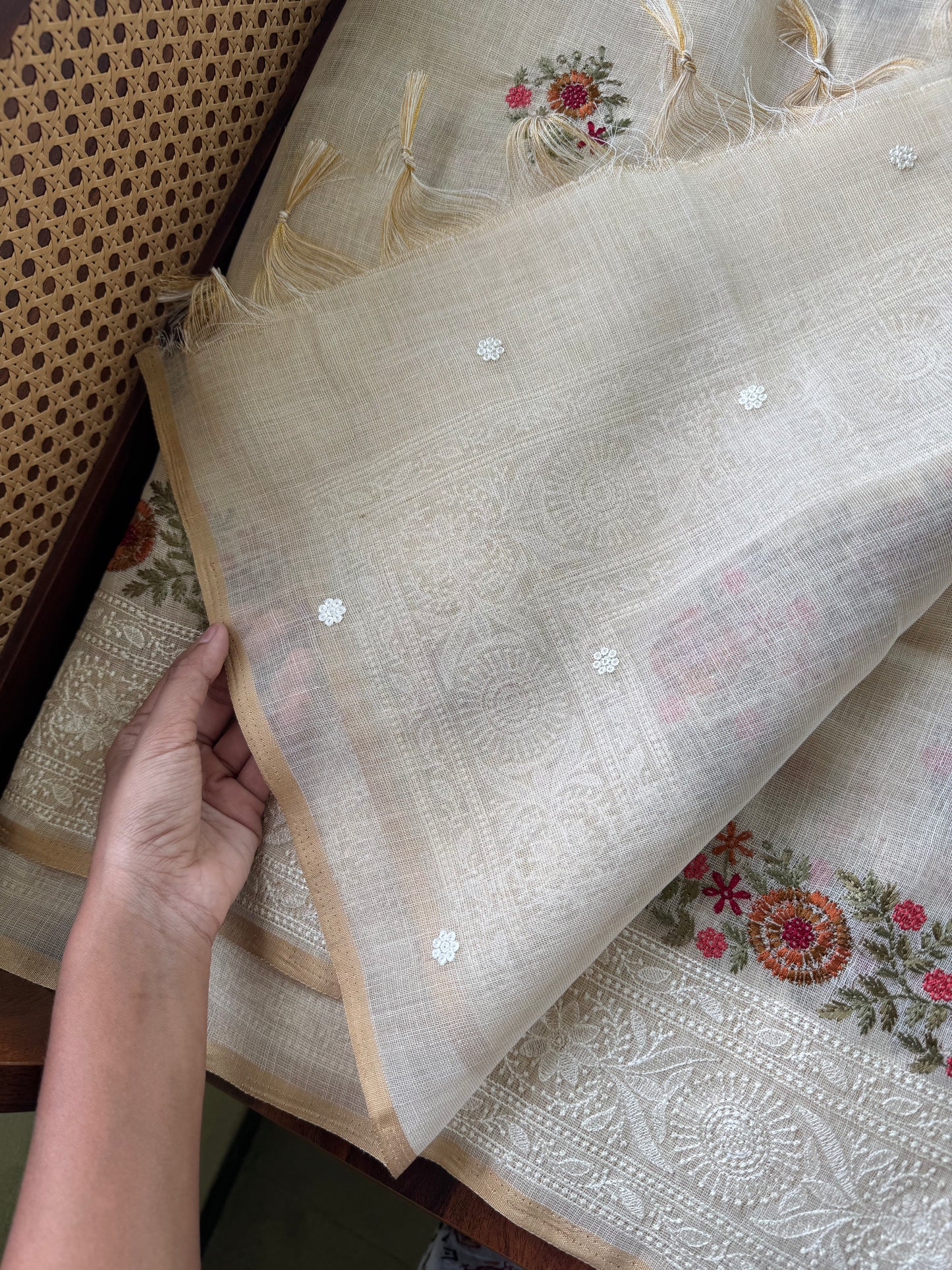 Premium Tissue Linen Sarees - Half White & Marigold