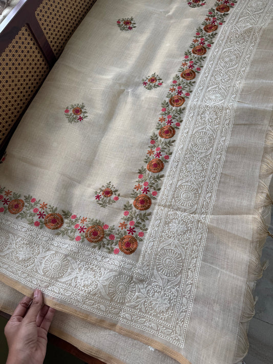 Premium Tissue Linen Sarees - Half White & Marigold