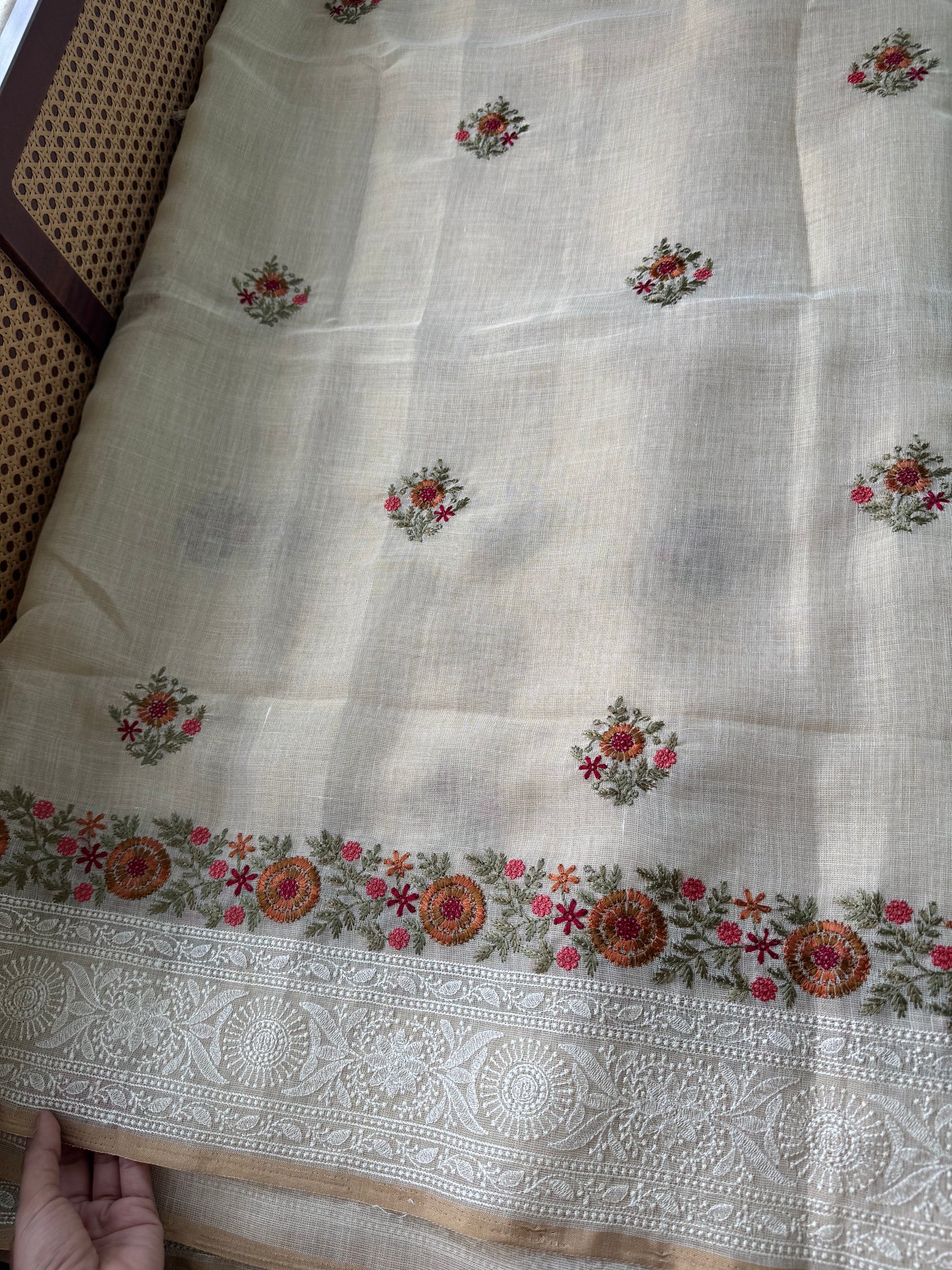 Premium Tissue Linen Sarees - Half White & Marigold