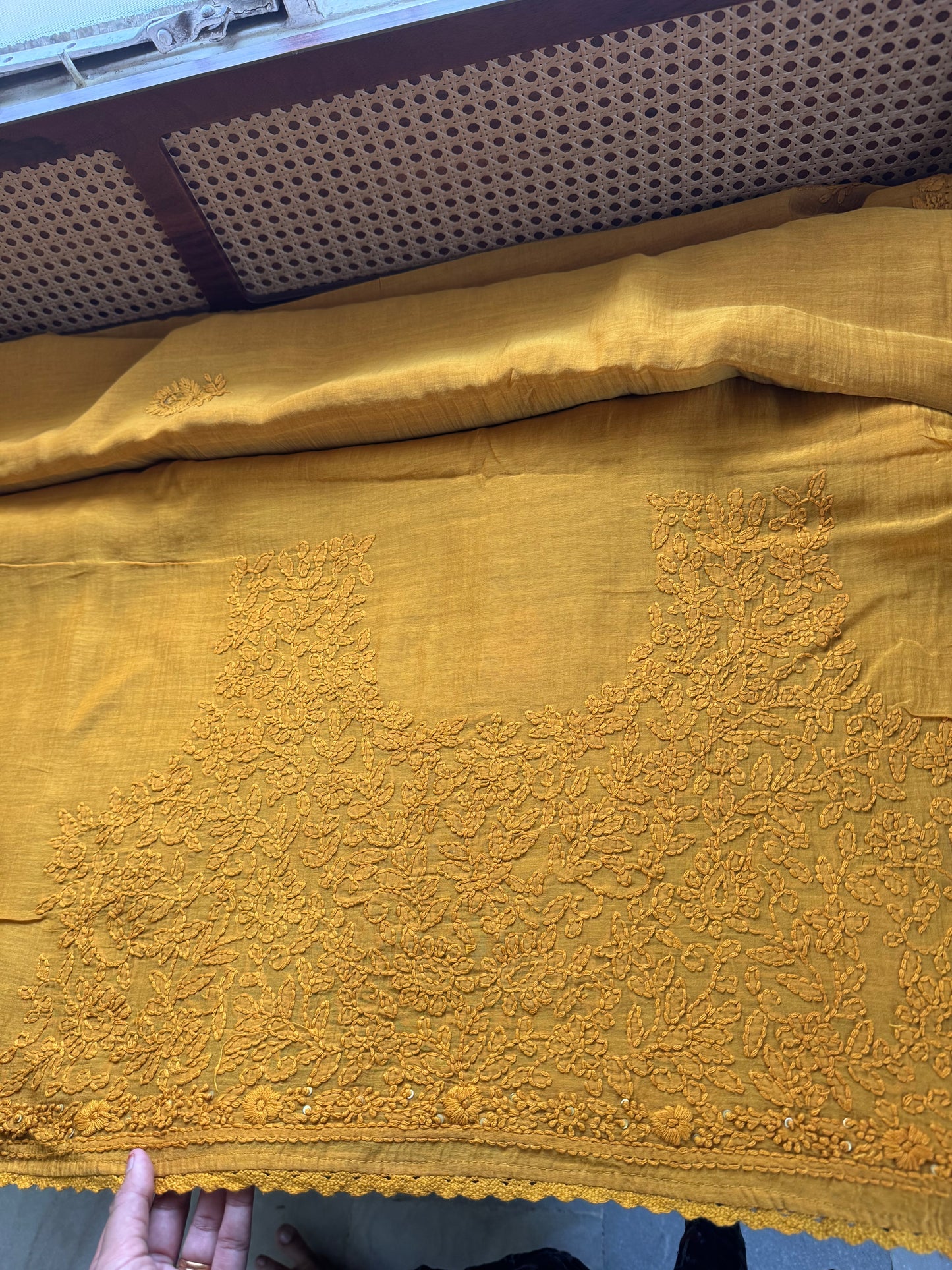 Pure Mul Chanderi Chikankari Saree with Jaal Heavy Blouse - Mustard Yellow