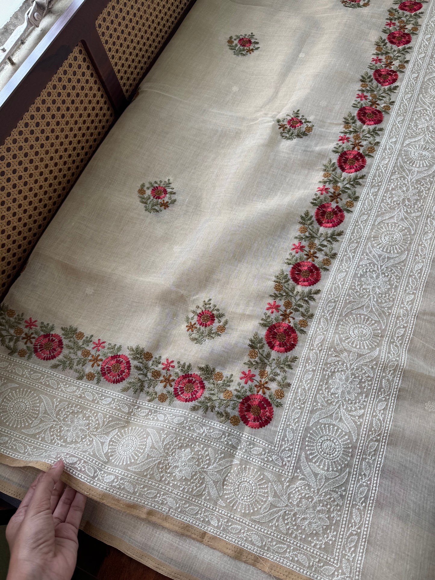 Premium Tissue Linen Sarees - Half White & Cherry Red