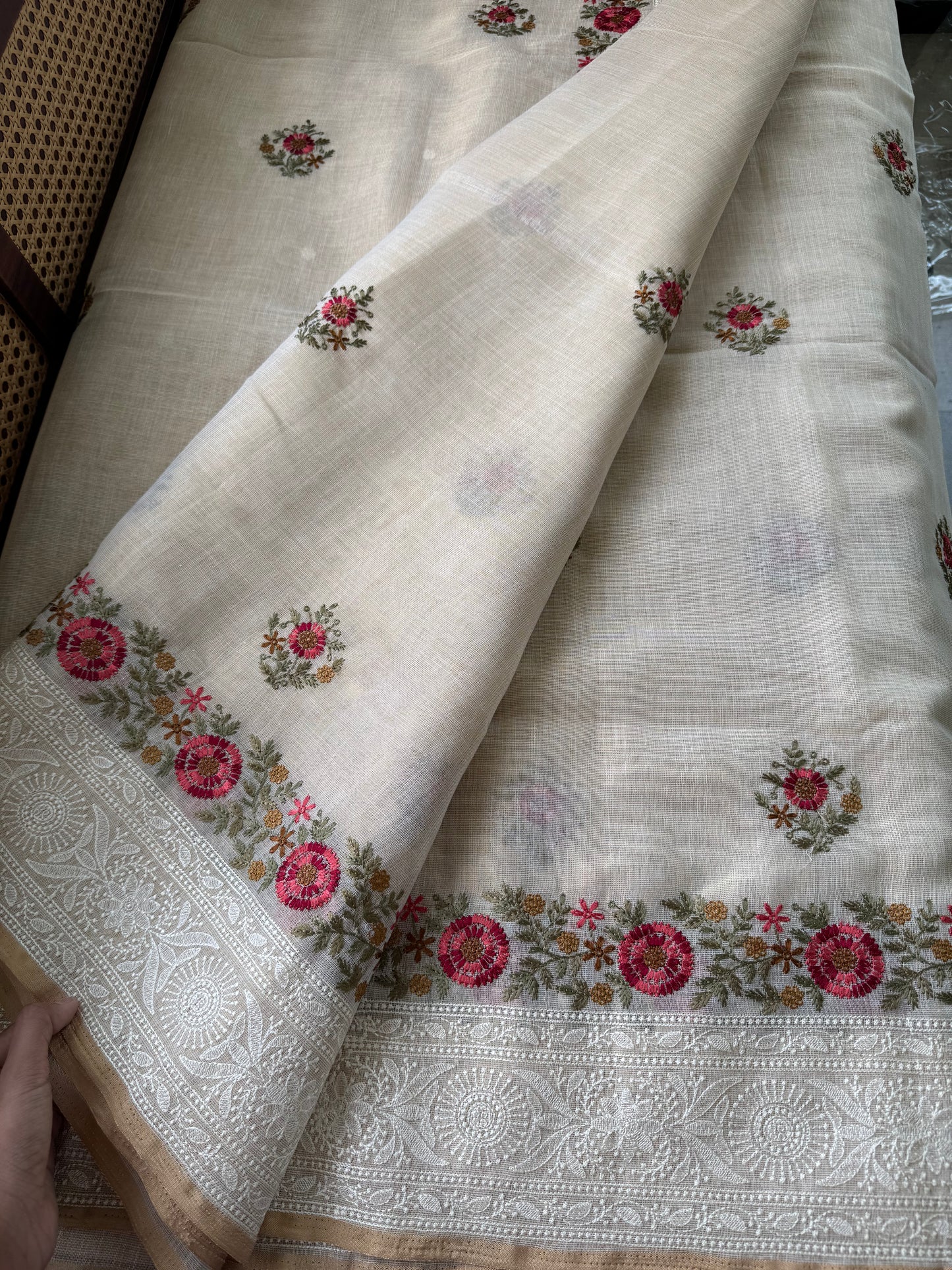 Premium Tissue Linen Sarees - Half White & Cherry Red