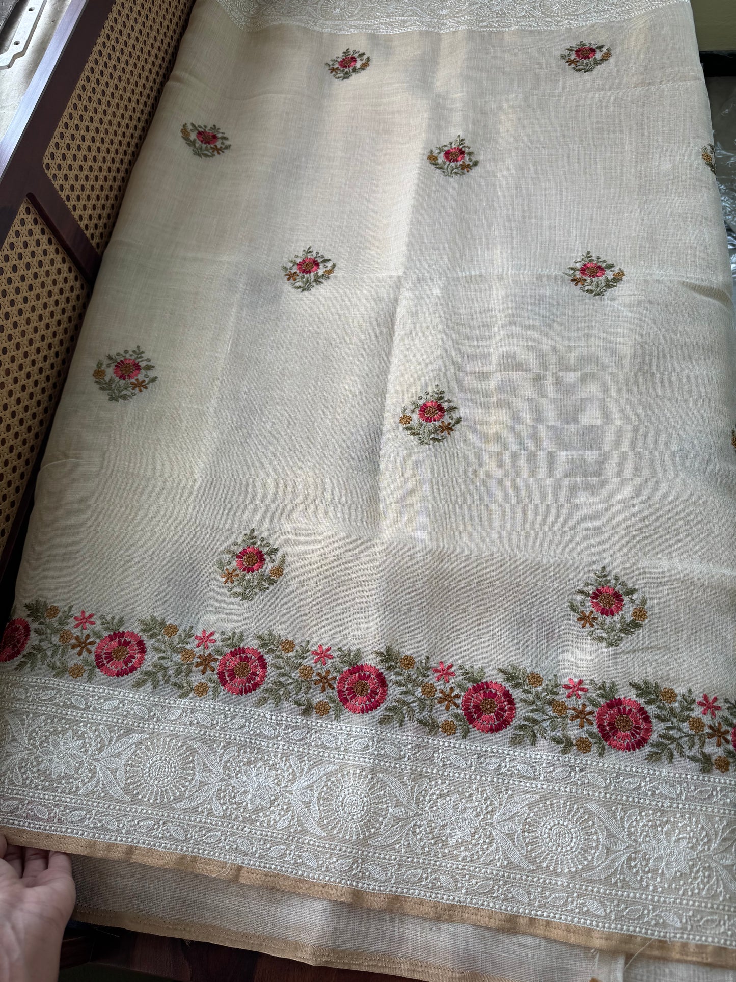 Premium Tissue Linen Sarees - Half White & Cherry Red