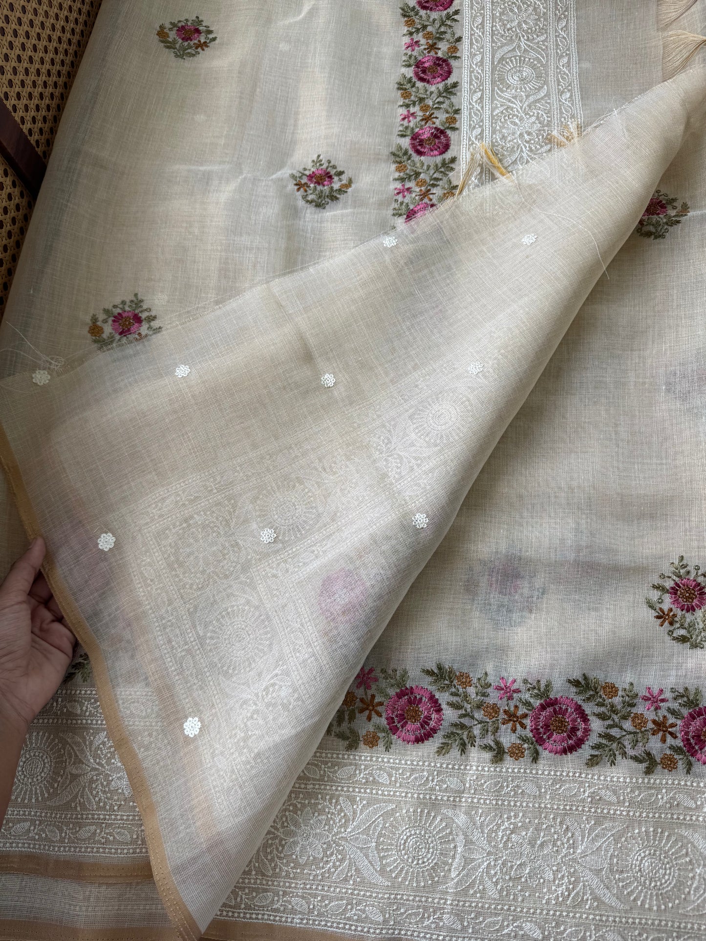 Premium Tissue Linen Sarees - Half White & Pink
