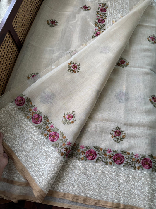 Premium Tissue Linen Sarees - Half White & Pink