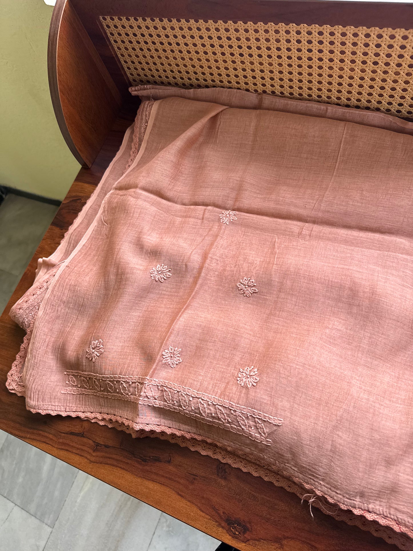 Pure Mul Chanderi Chikankari Saree - Pastel Peach