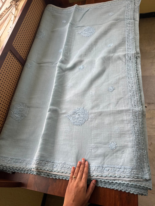 Pure Mul Chanderi Chikankari Saree - Baby Blue