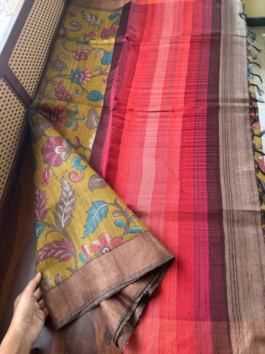 Pure Handloom Tussar Silk Saree - Fresh Henna Green