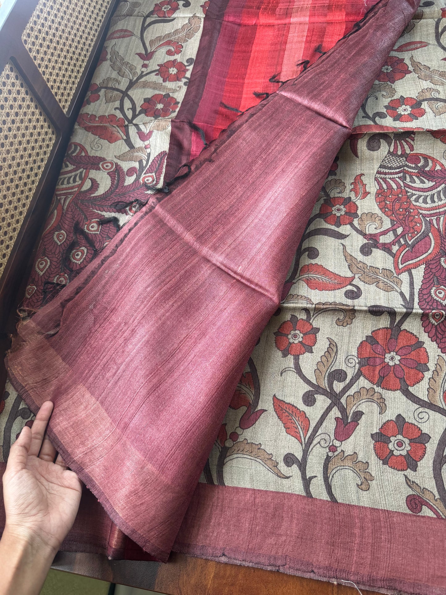 Pure Handloom Tussar Saree - Natural Beige & Maroon