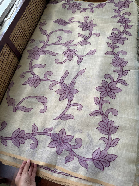 Premium Tissue Linen Sarees - Half White & Violet