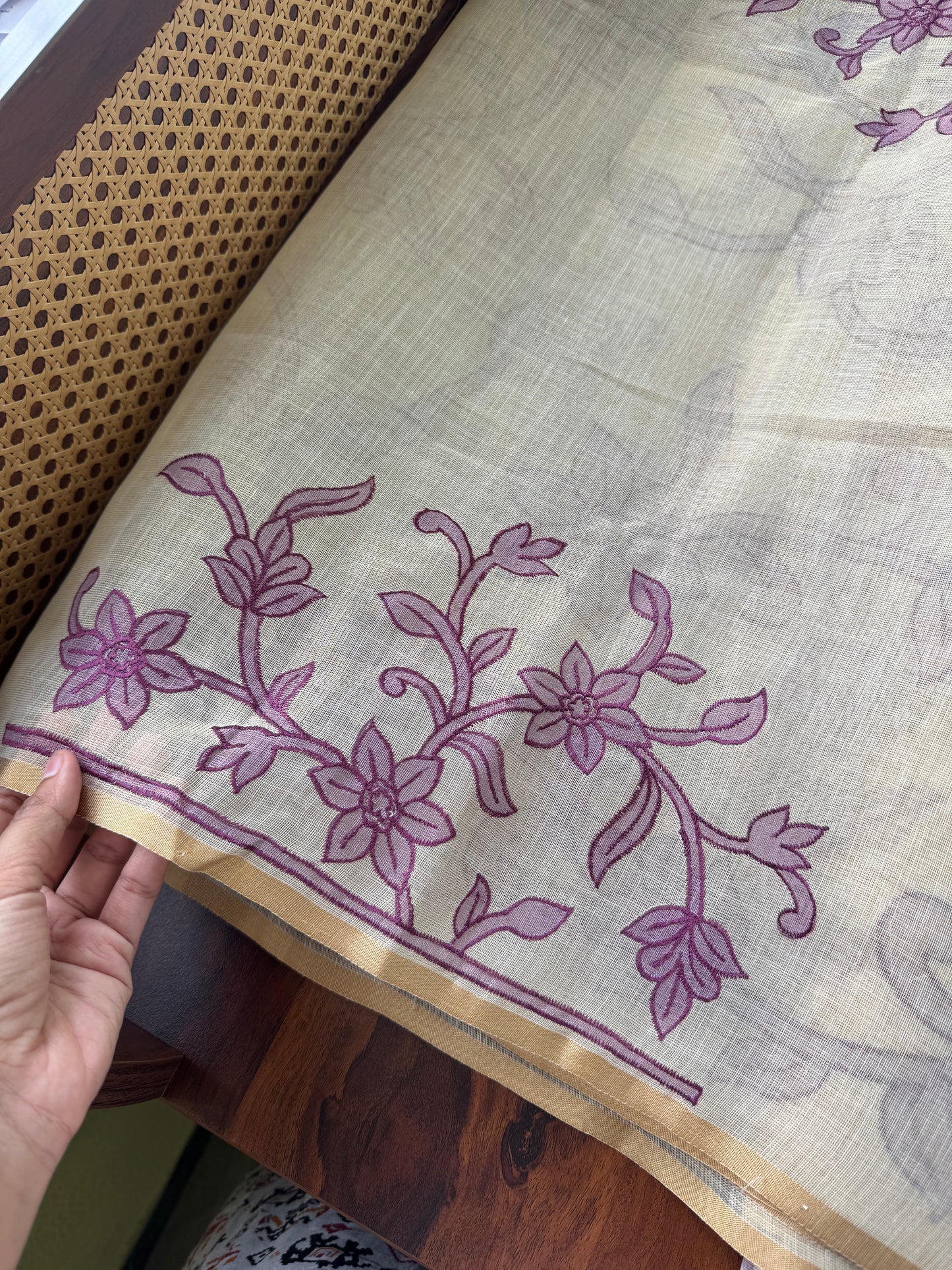 Premium Tissue Linen Sarees - Half White & Violet