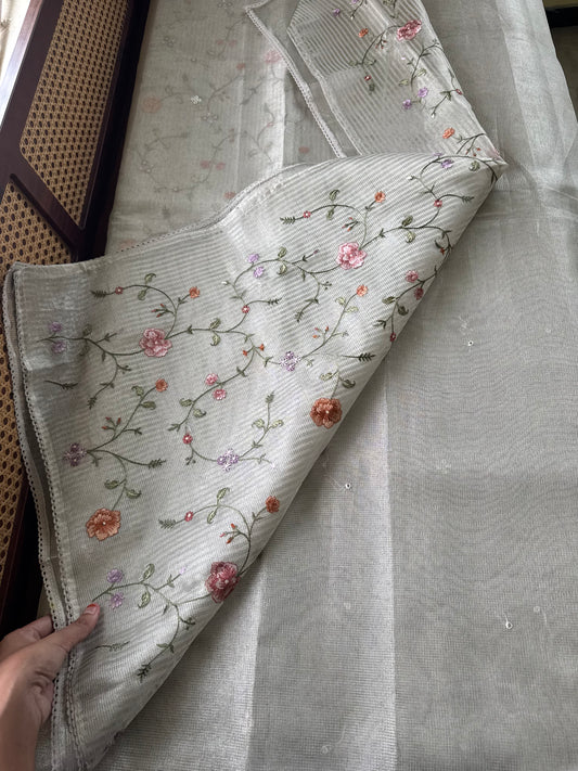 Mirror work Tissue Saree with Floral Embroidered Blouse -Metallic Silver