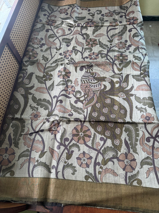 Pure Handloom Tussar Silk Saree - Natural Beige & Green