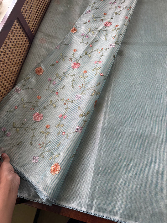 Mirror work Tissue Saree with Floral Embroidered Blouse -Metallic Blue