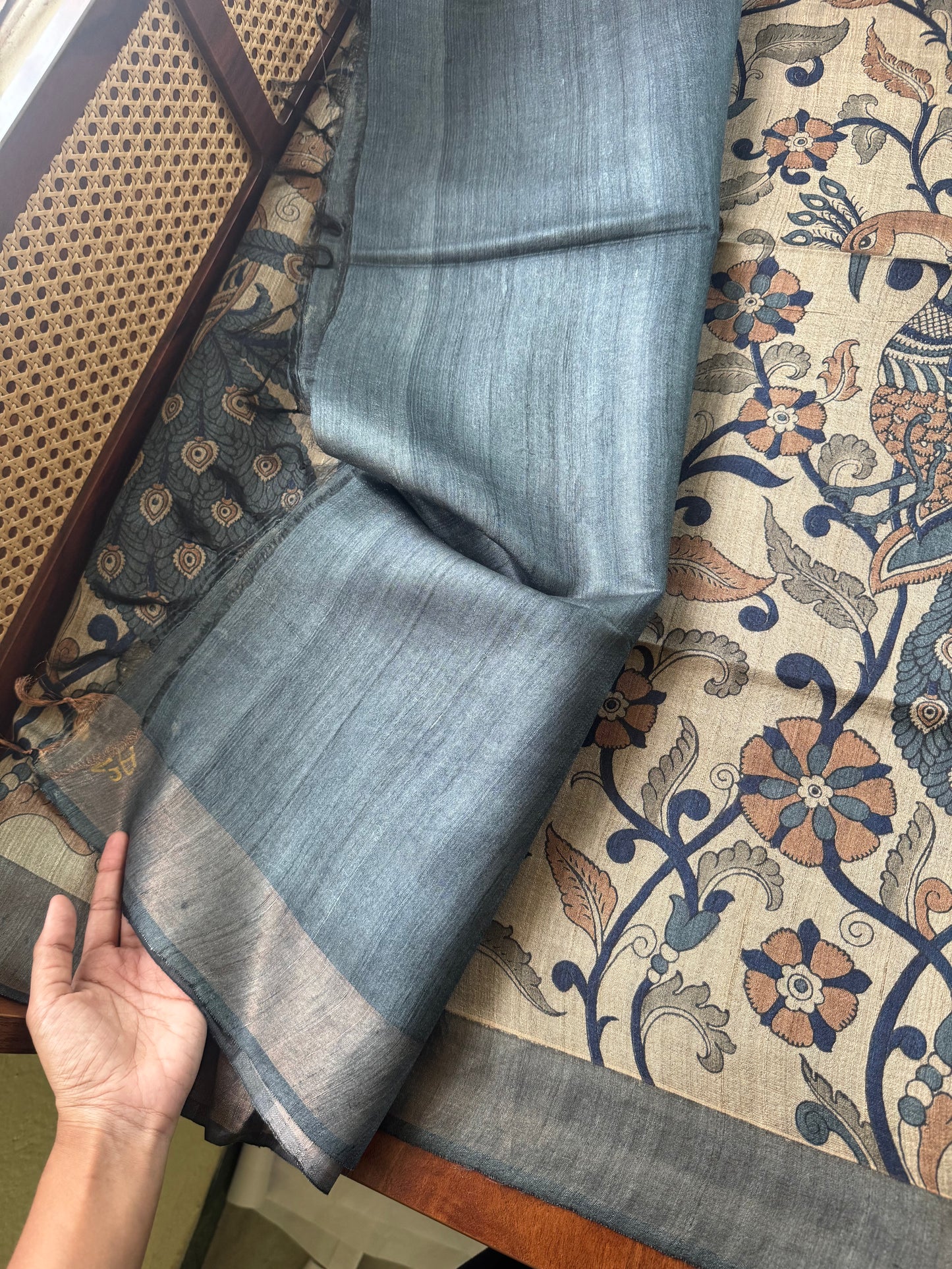 Pure Handloom Tussar Silk Saree - Natural Beige & Blue