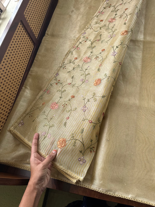 Mirror work Tissue Saree with Floral Embroidered Blouse -Metallic Yellow