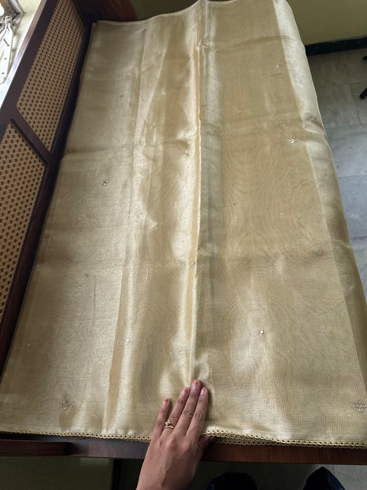 Mirror work Tissue Saree with Floral Embroidered Blouse -Metallic Yellow
