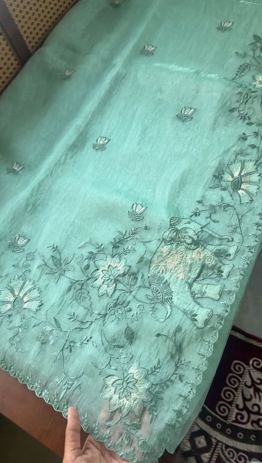 Delicate Tissue Organza Saree - Teal Green