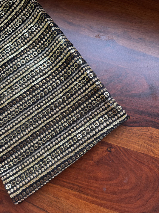 Luxe Designer Net Fabric - Black & Golden Stripes (1 meter)