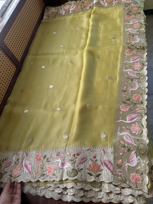 Premium Georgette Saree - Lime Green