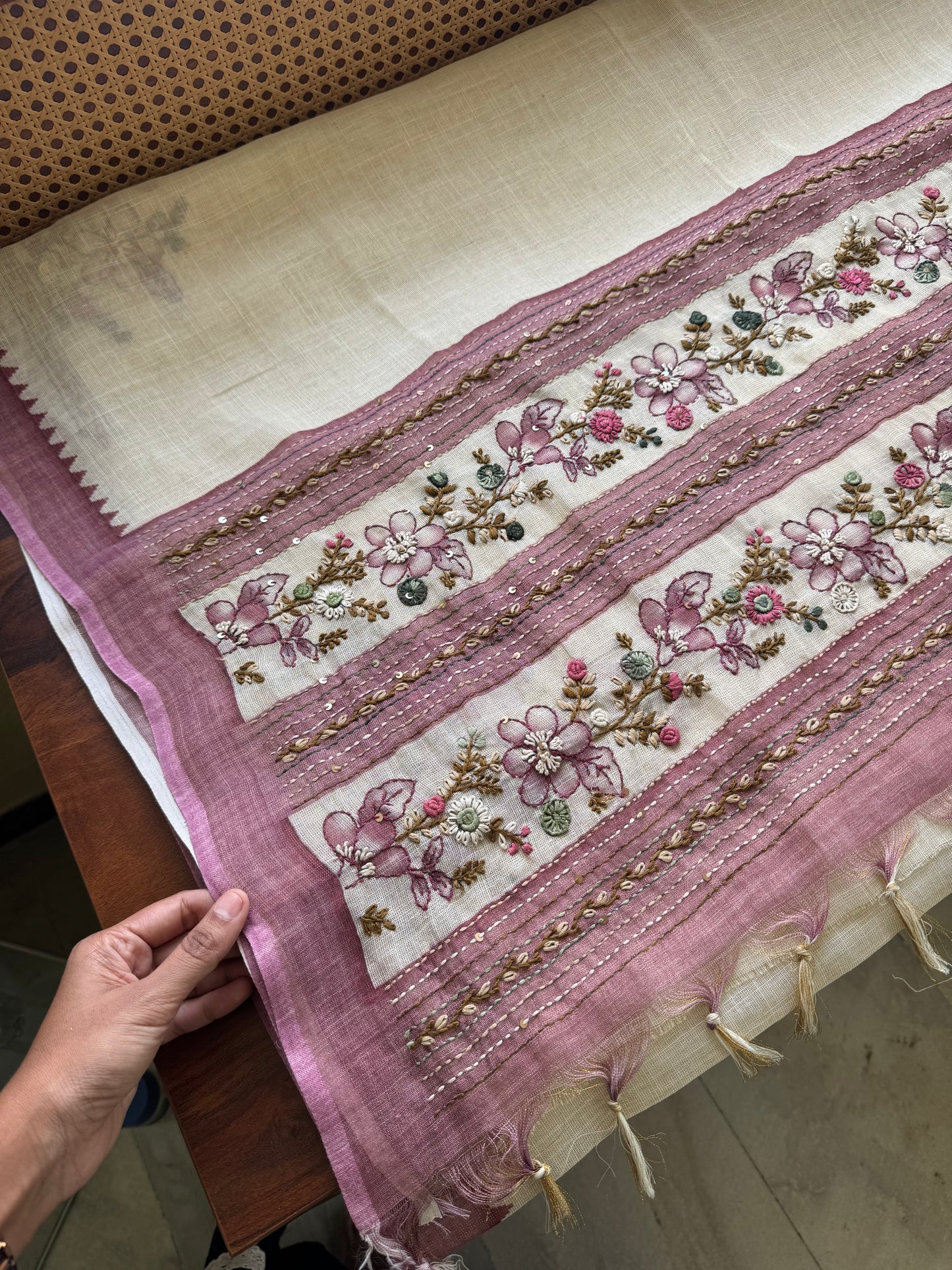 Premium Tissue Linen Sarees - Half White and Pink