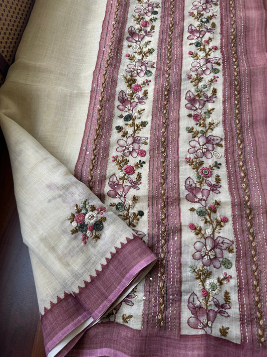 Premium Tissue Linen Sarees - Half White and Pink
