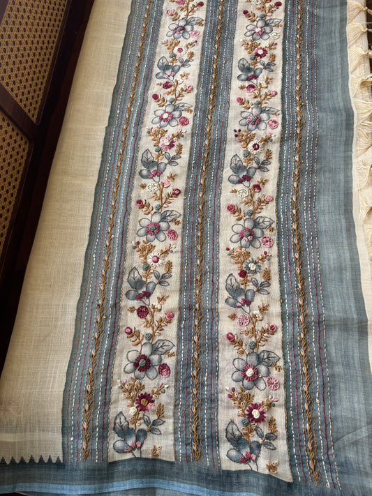 Premium Tissue Linen Sarees - Half White and Blue