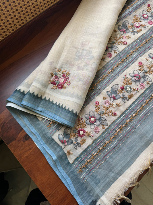 Premium Tissue Linen Sarees - Half White and Blue