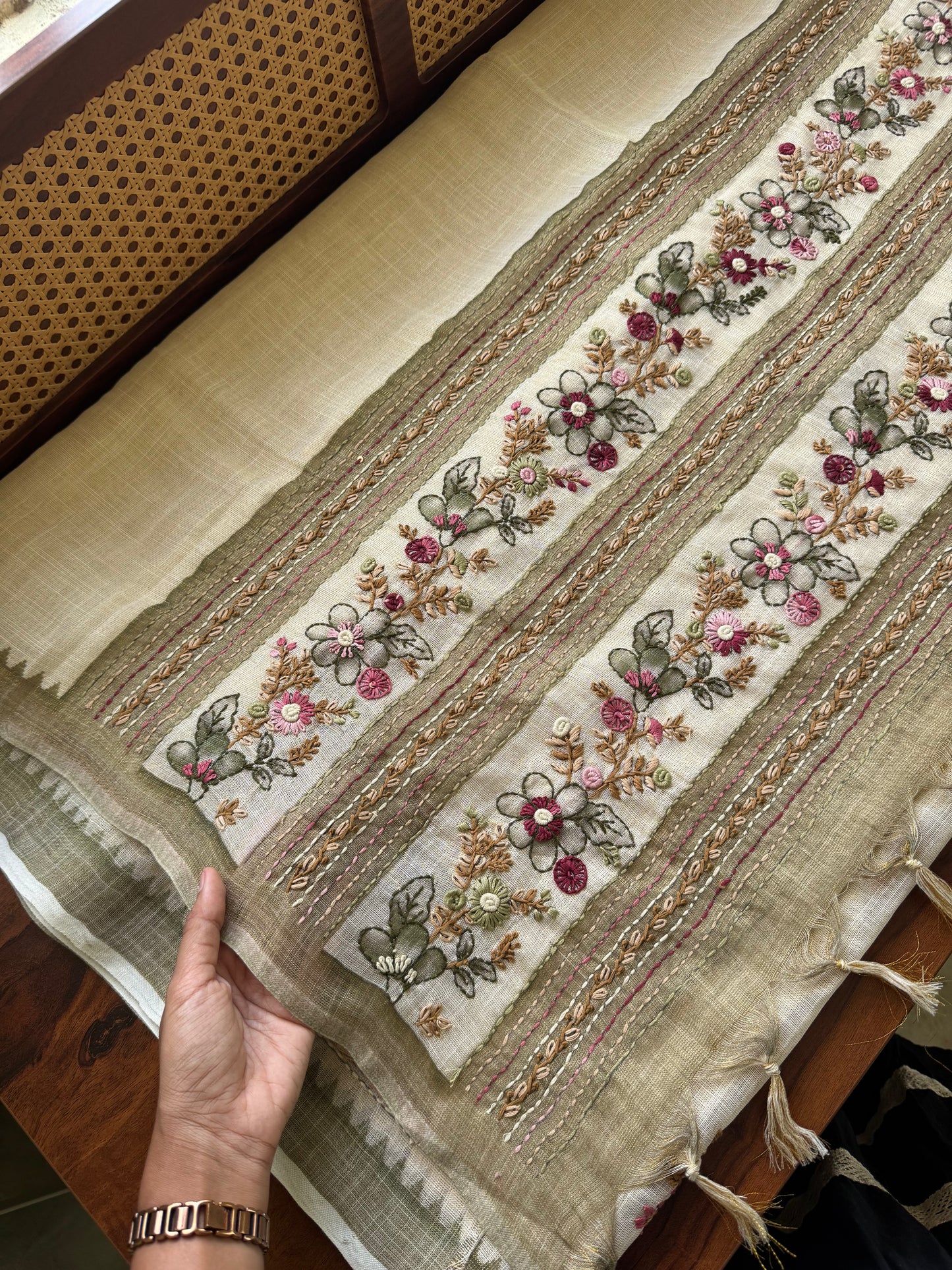Premium Tissue Linen Sarees - Half White and Olive
