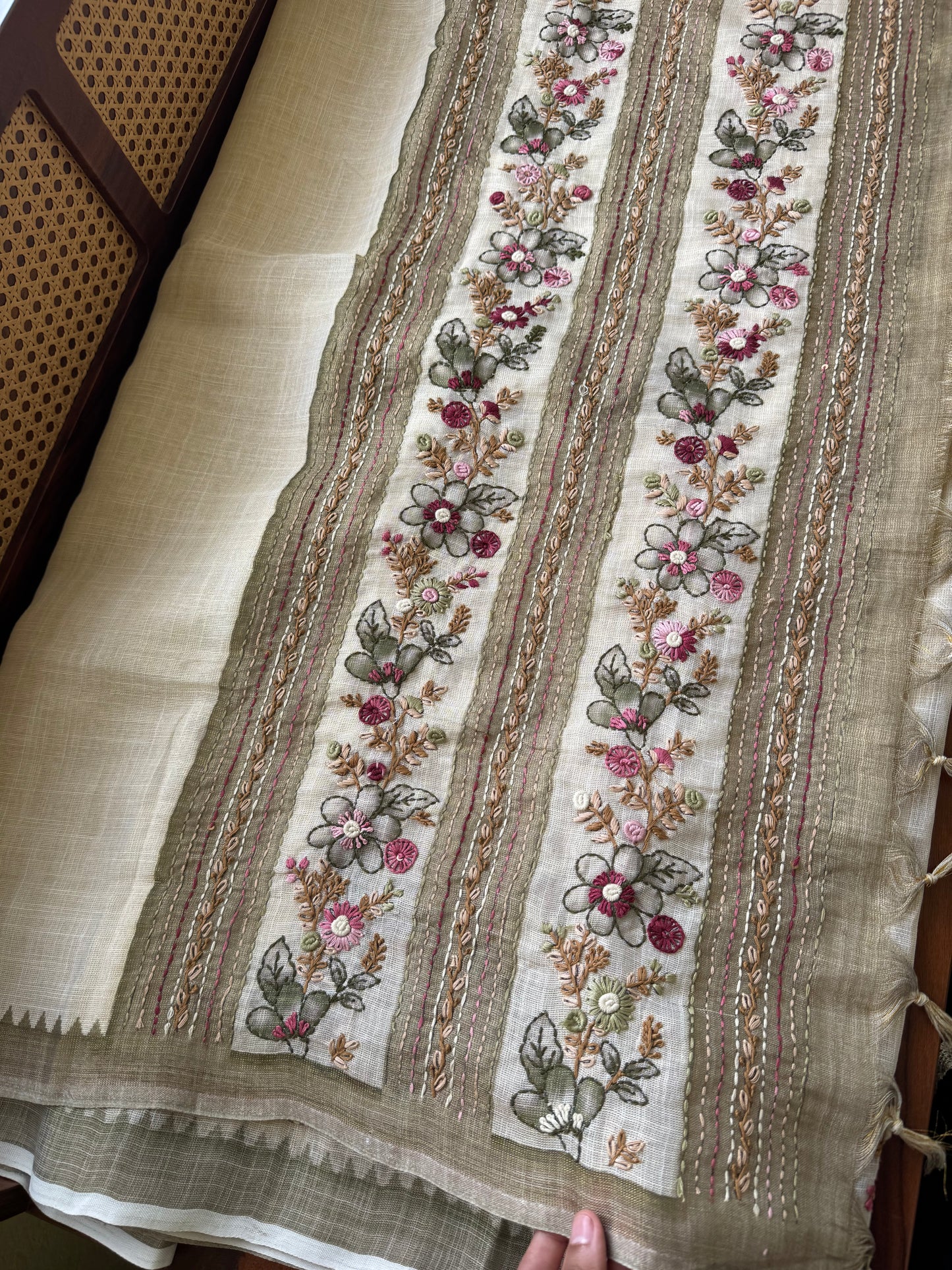 Premium Tissue Linen Sarees - Half White and Olive