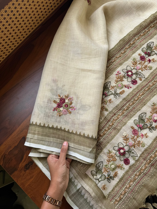 Premium Tissue Linen Sarees - Half White and Olive