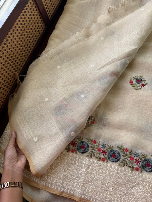 Premium Tissue Linen Sarees - Half White & Blue