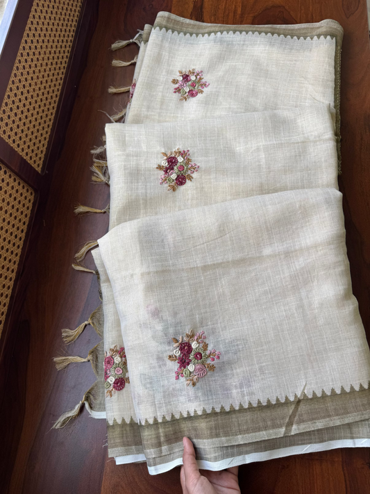 Premium Tissue Linen Sarees - Half White and Olive