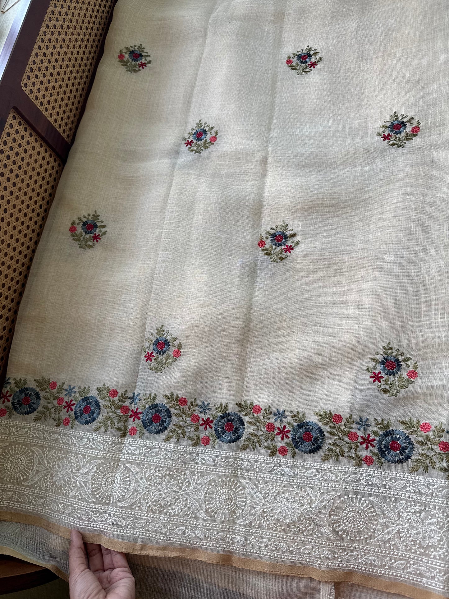 Premium Tissue Linen Sarees - Half White & Blue