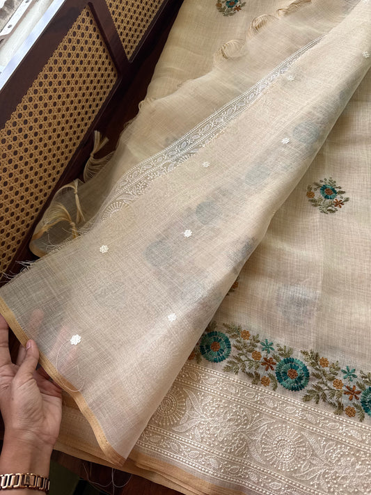Premium Tissue Linen Sarees - Half White & Peacock Blue