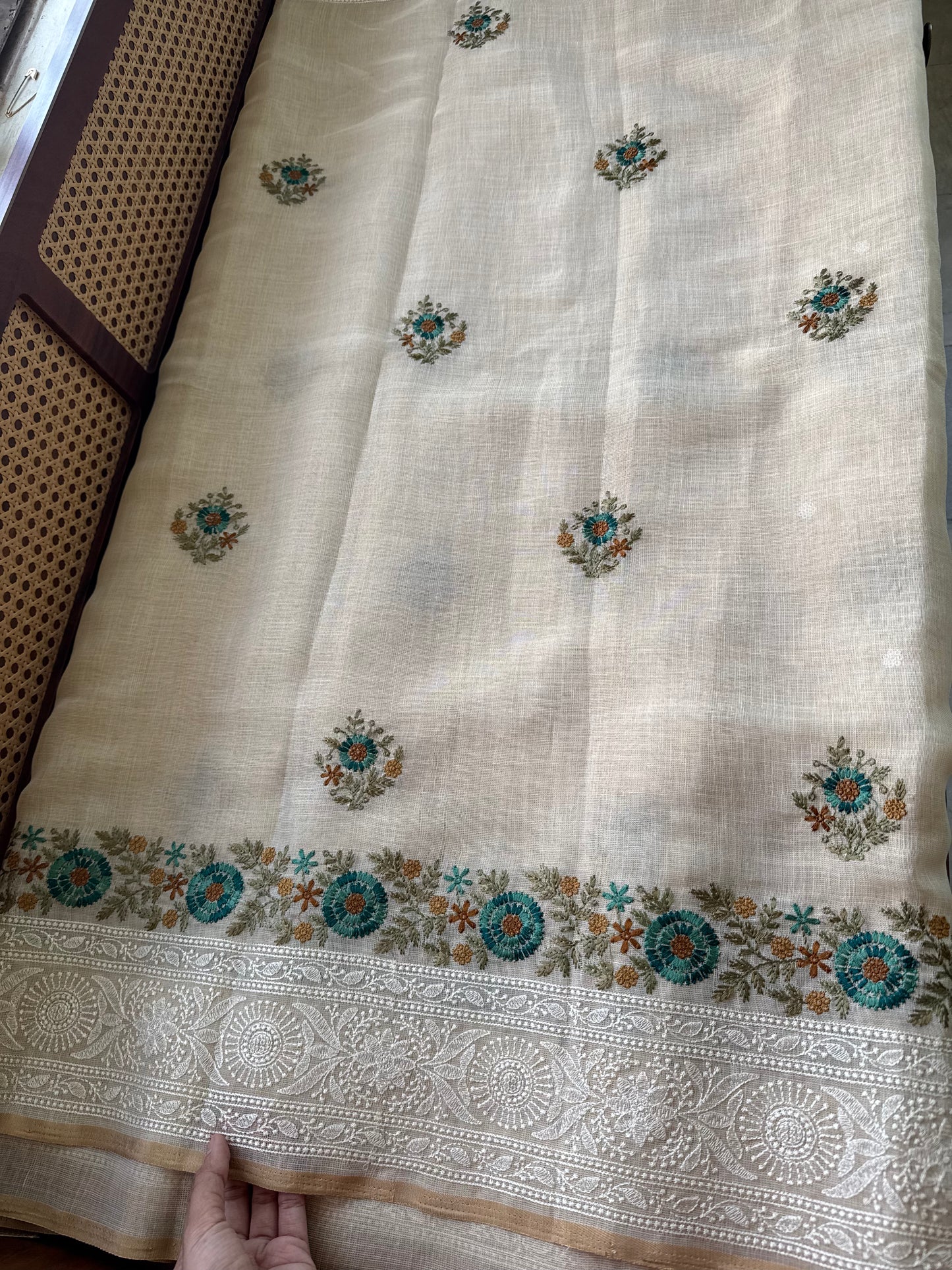 Premium Tissue Linen Sarees - Half White & Peacock Blue