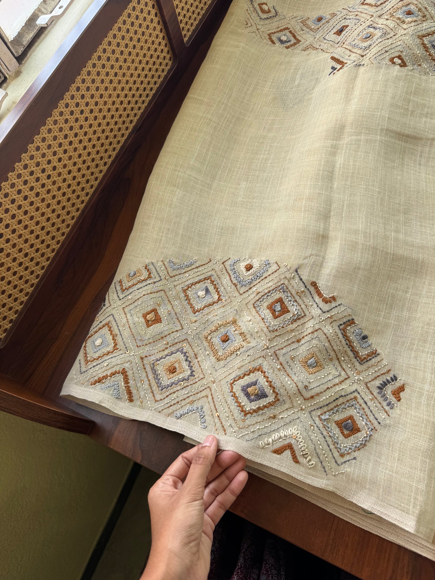 Premium Tissue Linen Sarees with heavy blouse - Half white & Grey Mustard