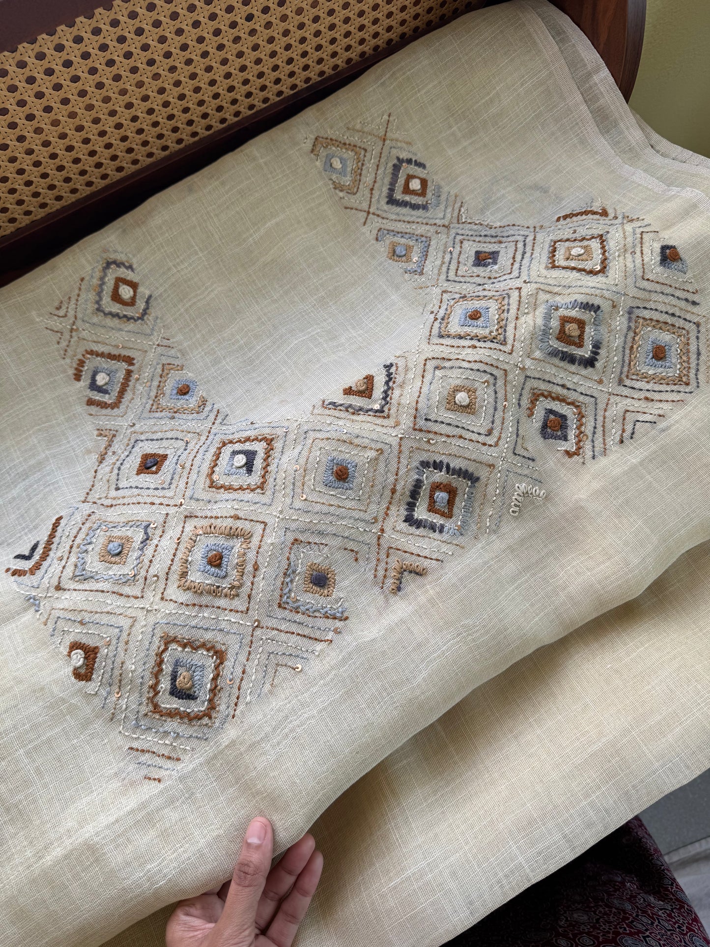 Premium Tissue Linen Sarees with heavy blouse - Half white & Grey Mustard