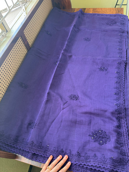 Pure Mul Chanderi Chikankari Saree - Violet