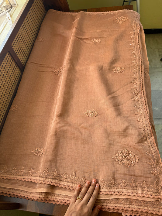 Pure Mul Chanderi Chikankari Saree - Pastel Peach