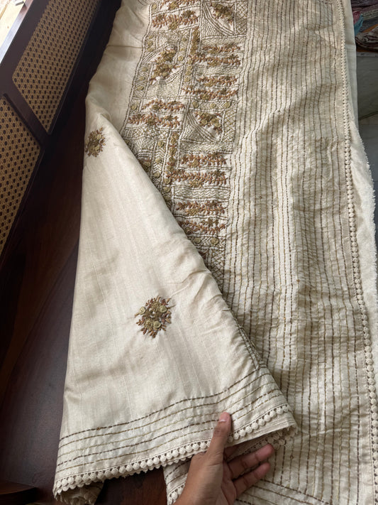 Premium Tussar Blend Saree with Handwork - Halfwhite & Henna Green