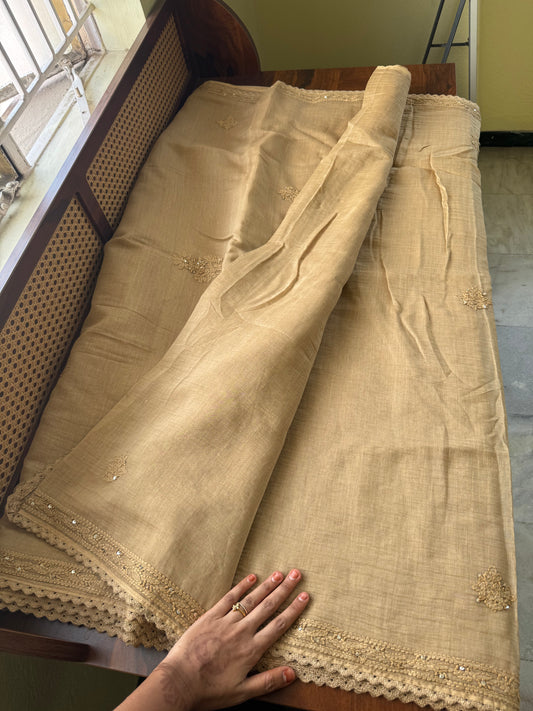 Pure Mul Chanderi Chikankari Saree - Sand Beige