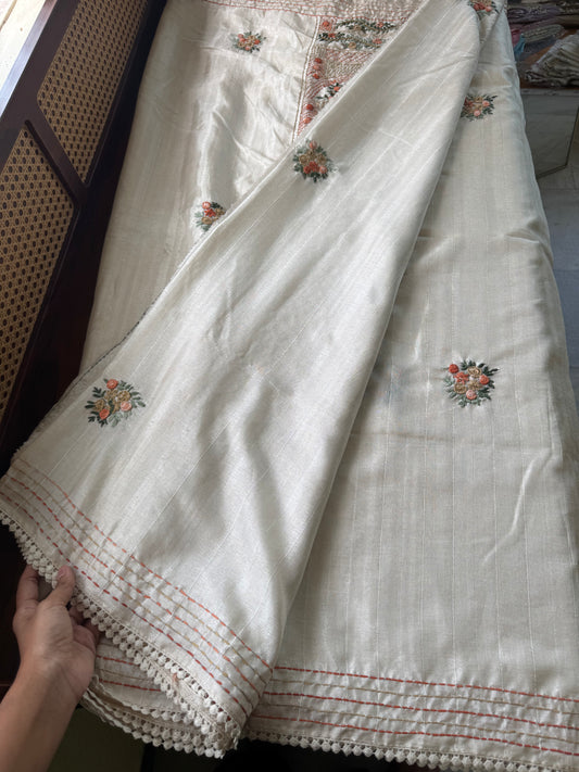 Premium Tussar Blend Saree with Handwork - Halfwhite & Orange